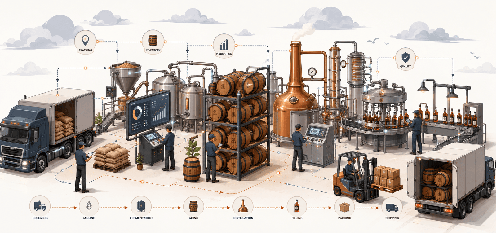 End-to-end distillery workflow — receiving, milling, fermentation, aging, distillation, filling, packing, and shipping — tracked in one system.